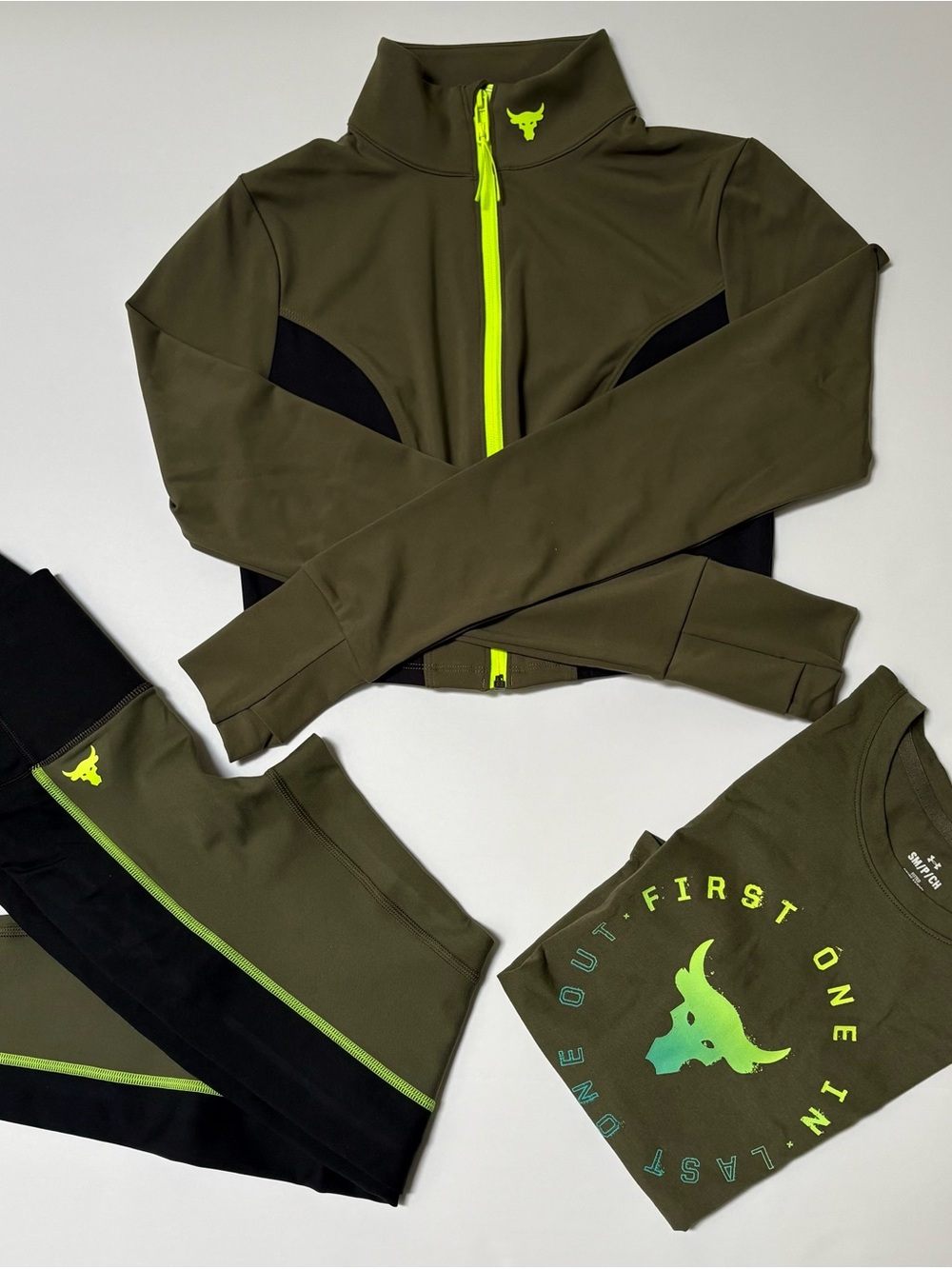 Under Armour Project Rock 3-Piece Gym Set - Olive/Black/Neon Green - Size Small